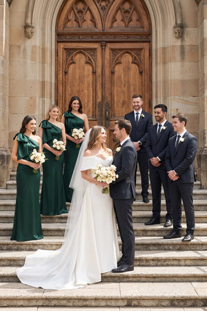 Dark Green One-Shoulder Ruffled Sheath Satin Bow Bridesmaid Dress with Back Slit | KISSBRIDAL