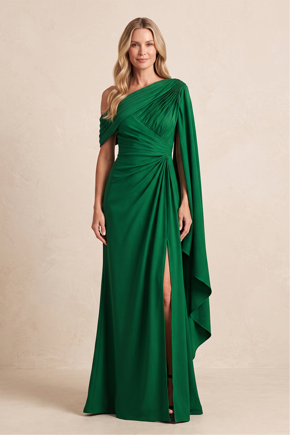 Dark Green One-Shoulder Sheath Linen Pleated Mother of the Bride Dress with Ruffles