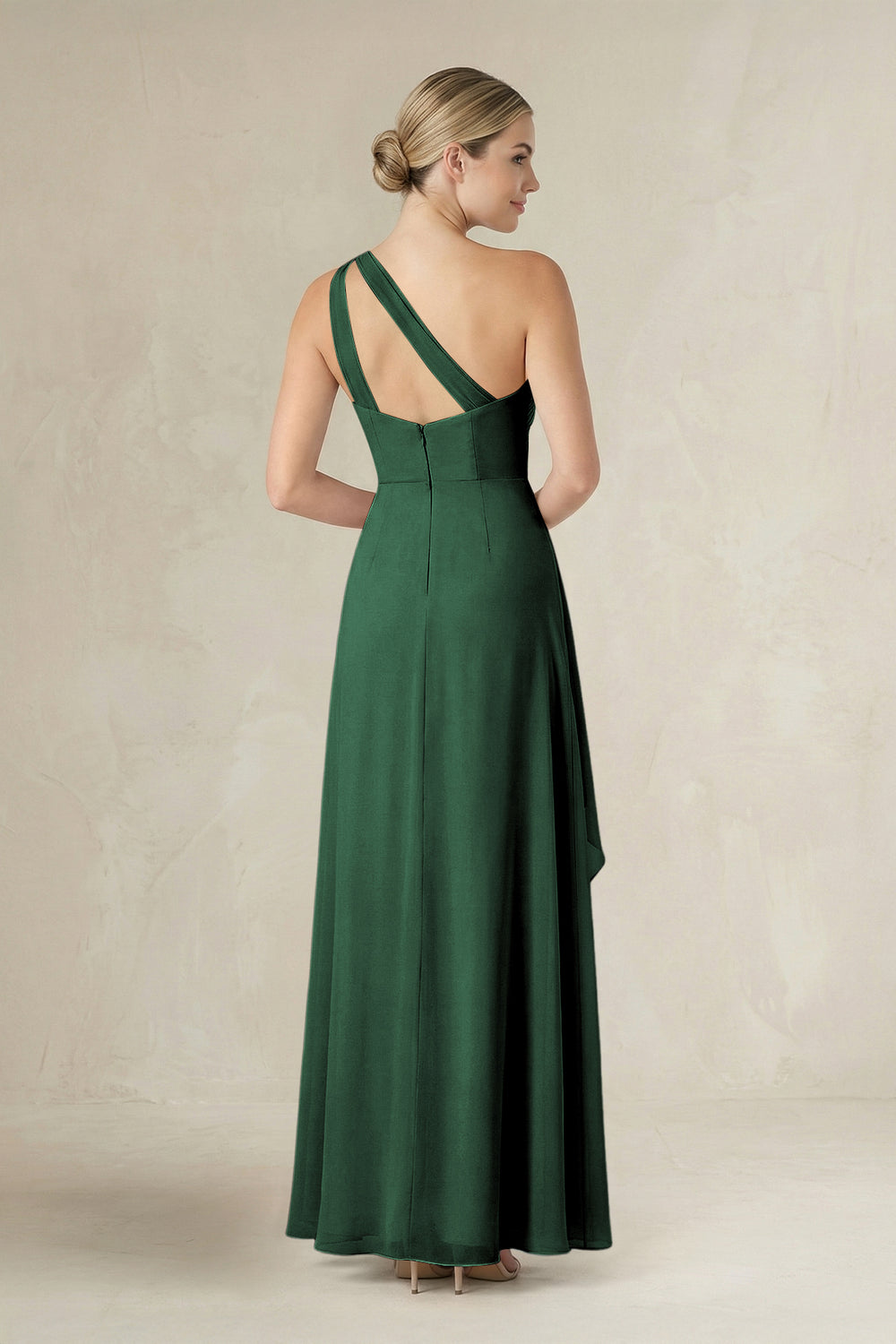 One-Shoulder Sheath Ruched Ruffled Bridesmaid Dress in Dark Green