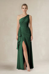 Dark Green One-Shoulder Sheath Ruched Ruffled Bridesmaid Dress in Dark Green | KISSBRIDAL