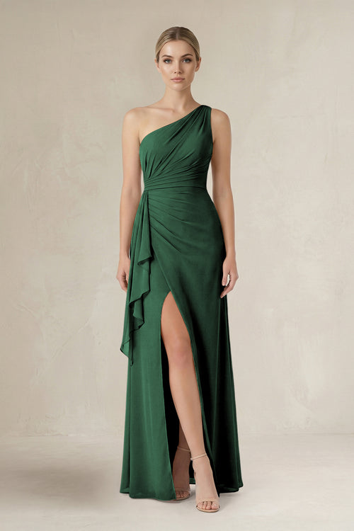 Dark Green One-Shoulder Sheath Ruched Ruffled Bridesmaid Dress in Dark Green | KISSBRIDAL