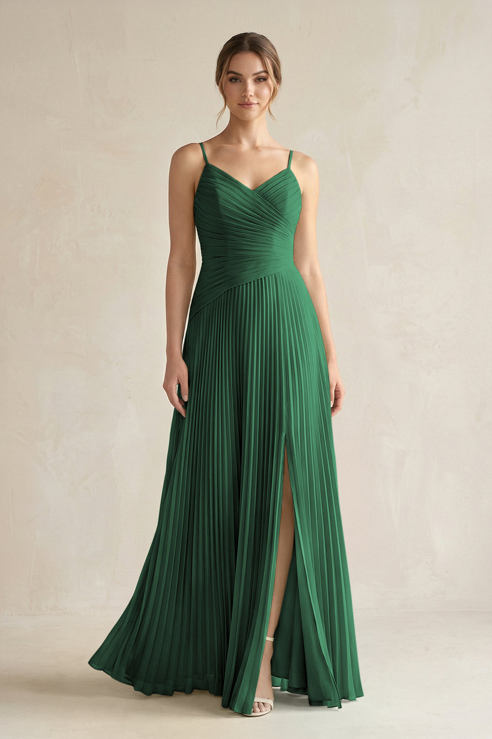 Pleated A-Line Long Chiffon Bridesmaid Dress in Dark Green
