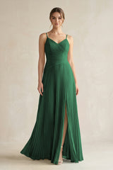 Dark Green Pleated A-Line Long Chiffon Bridesmaid Dress | KISSBRIDAL