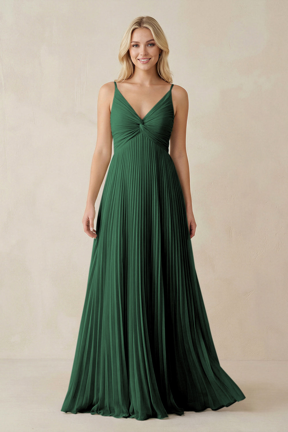 Pleated V-Neck A-Line Chiffon Bridesmaid Dress in Dark Green