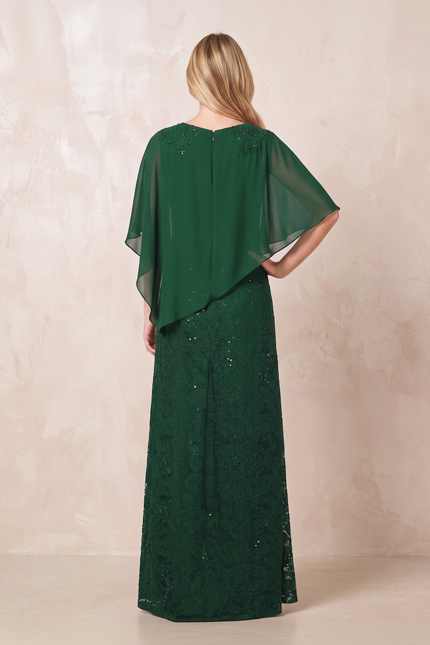 Dark Green Round Neck Lace Sheath Chiffon Cape Sleeves Mother of the Bride Dress