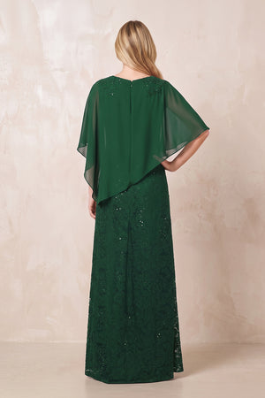 Dark Green Round Neck Lace Sheath Chiffon Cape Sleeves Mother of the Bride Dress (2) | KISSBRIDAL
