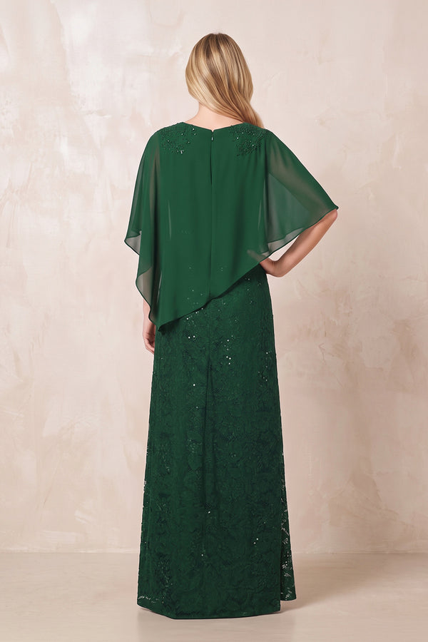 Dark Green Round Neck Lace Sheath Chiffon Cape Sleeves Mother of the Bride Dress (2) | KISSBRIDAL