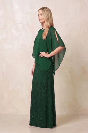 Dark Green Round Neck Lace Sheath Chiffon Cape Sleeves Mother of the Bride Dress (3) | KISSBRIDAL
