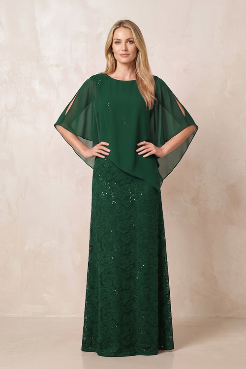 Dark Green Round Neck Lace Sheath Chiffon Cape Sleeves Mother of the Bride Dress | KISSBRIDAL
