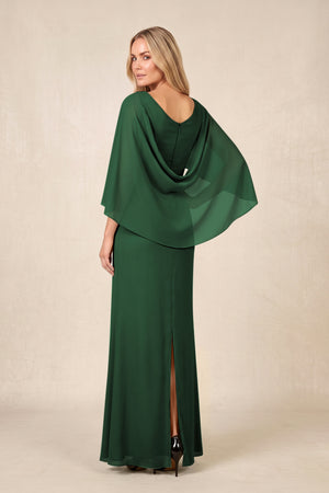 Dark Green Round Neck Sheath Chiffon Cape Sleeves Ruched Mother of the Bride Dress (2) | KISSBRIDAL