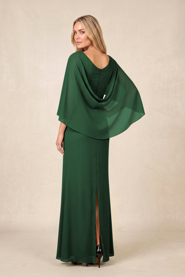 Dark Green Round Neck Sheath Chiffon Cape Sleeves Ruched Mother of the Bride Dress (2) | KISSBRIDAL