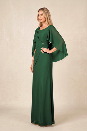 Dark Green Round Neck Sheath Chiffon Cape Sleeves Ruched Mother of the Bride Dress (3) | KISSBRIDAL