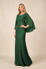 Dark Green Round Neck Sheath Chiffon Cape Sleeves Ruched Mother of the Bride Dress | KISSBRIDAL