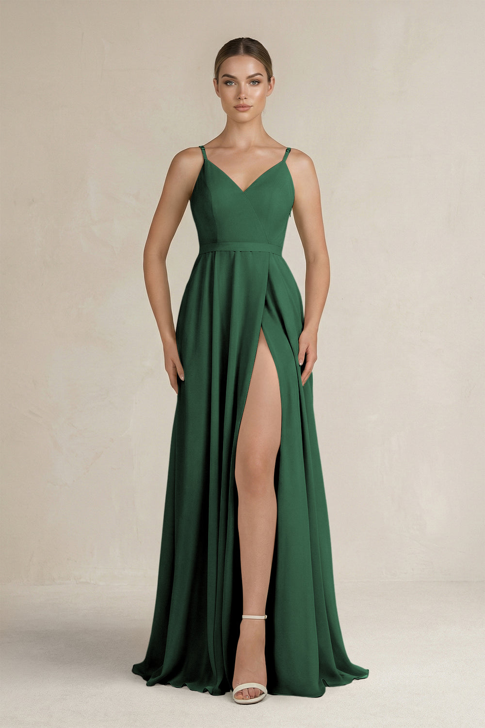 Ruched A-Line Chiffon Bridesmaid Dress with Slit in Dark Green
