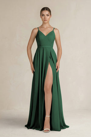 Dark Green Ruched A-Line Chiffon Bridesmaid Dress with Slit | KISSBRIDAL