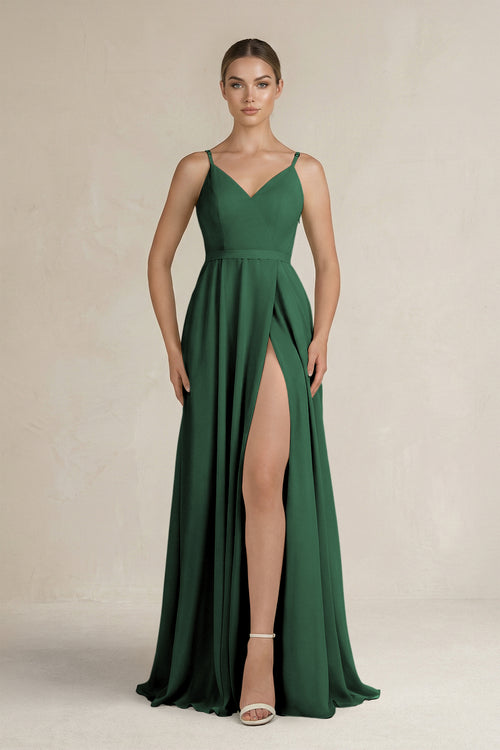 Dark Green Ruched A-Line Chiffon Bridesmaid Dress with Slit | KISSBRIDAL