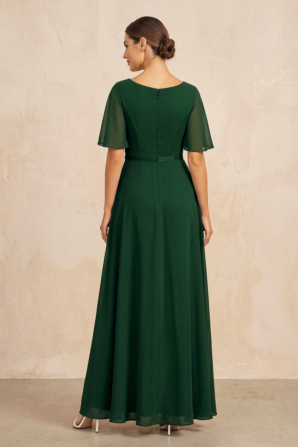 Dark Green Ruched A-Line Chiffon V-Neck Mother of the Bride Dress with Sleeves
