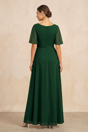 Dark Green Ruched A-Line Chiffon V-Neck Mother of the Bride Dress with Sleeves (2) | KISSBRIDAL