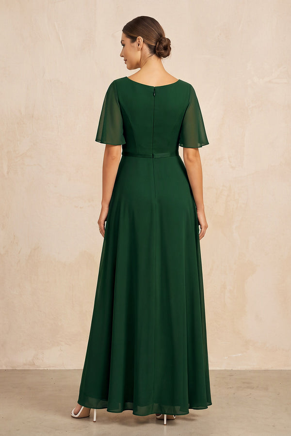 Dark Green Ruched A-Line Chiffon V-Neck Mother of the Bride Dress with Sleeves (2) | KISSBRIDAL