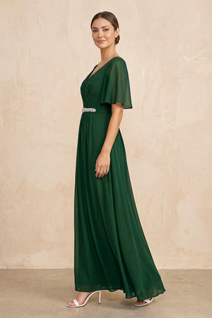 Dark Green Ruched A-Line Chiffon V-Neck Mother of the Bride Dress with Sleeves (3) | KISSBRIDAL