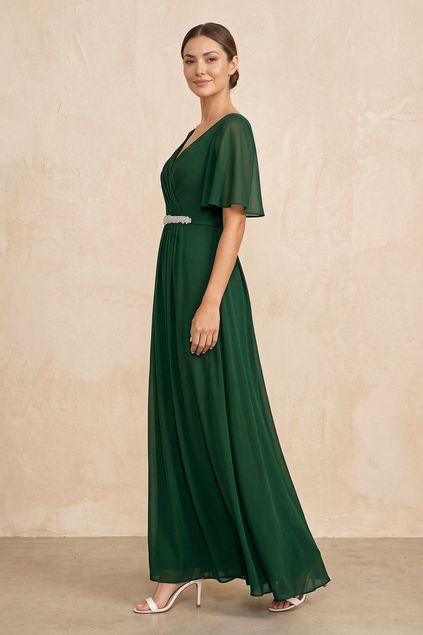 Dark Green Ruched A-Line Chiffon V-Neck Mother of the Bride Dress with Sleeves (3) | KISSBRIDAL