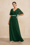 Dark Green Ruched A-Line Chiffon V-Neck Mother of the Bride Dress with Sleeves | KISSBRIDAL