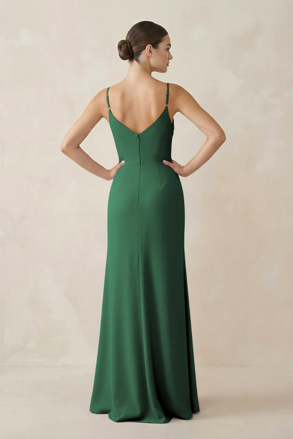 Dark Green Ruched Sheath Spaghetti Strap Chiffon Bridesmaid Dress (2) | KISSBRIDAL