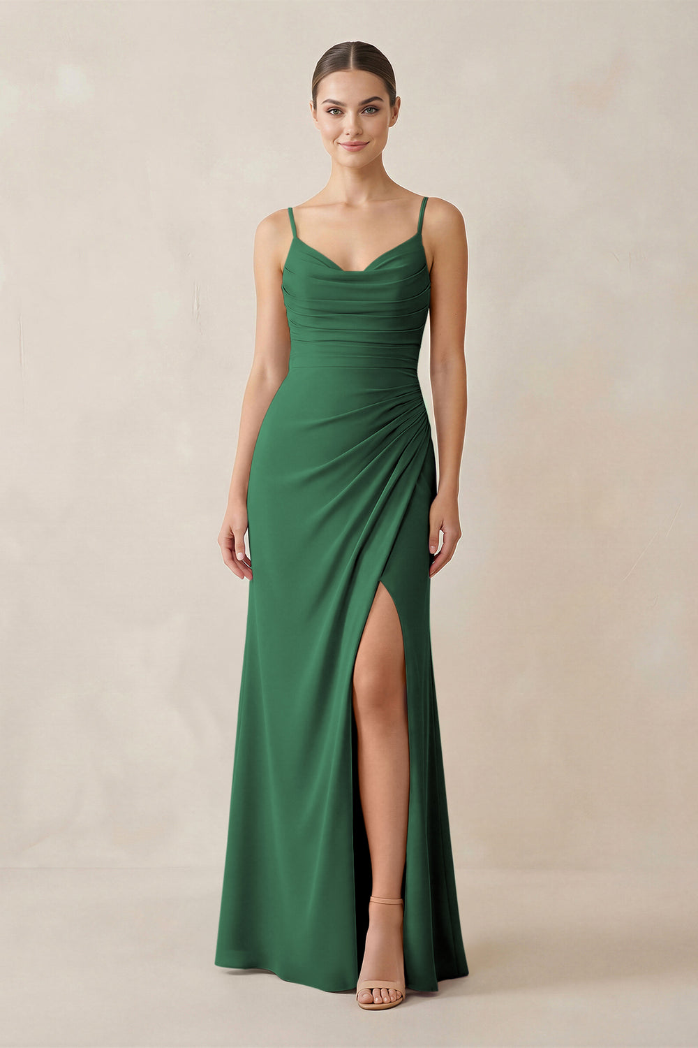 Ruched Sheath Spaghetti Strap Chiffon Bridesmaid Dress in Dark Green