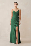 Dark Green Ruched Sheath Spaghetti Strap Chiffon Bridesmaid Dress | KISSBRIDAL
