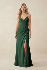 Dark Green Ruched Sheath Spaghetti Strap Chiffon Bridesmaid Dress | KISSBRIDAL