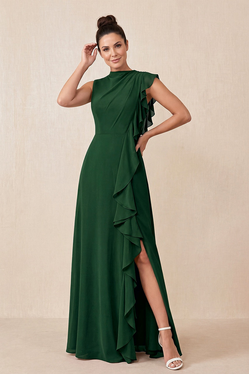Dark Green Ruffled A-Line Chiffon Mother of the Bride Dress