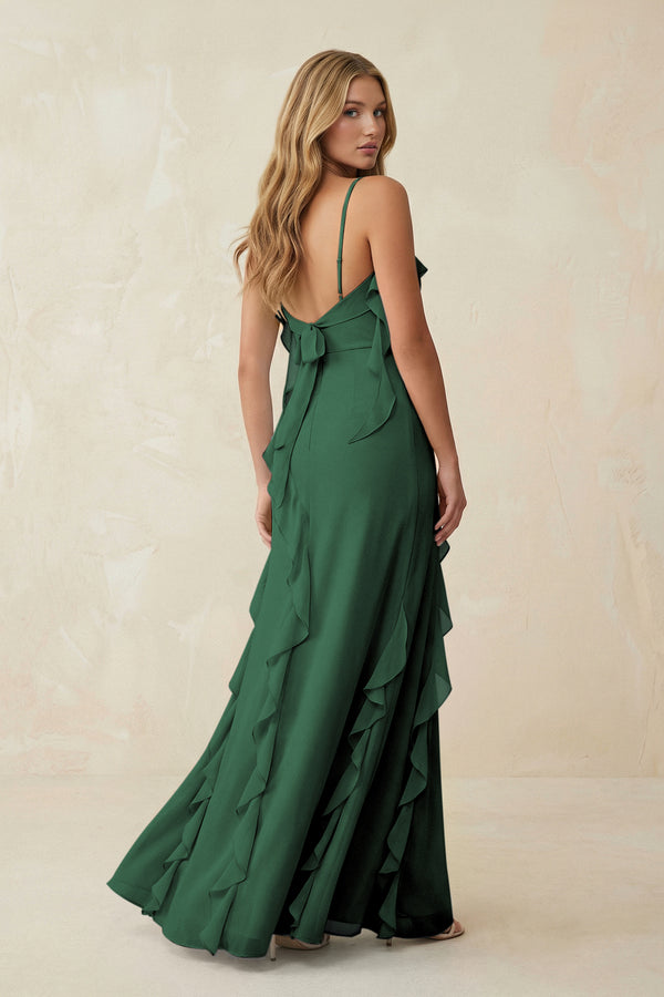 Dark Green Ruffled Cami Strap Chiffon Sheath Bridesmaid Dress (2) | KISSBRIDAL