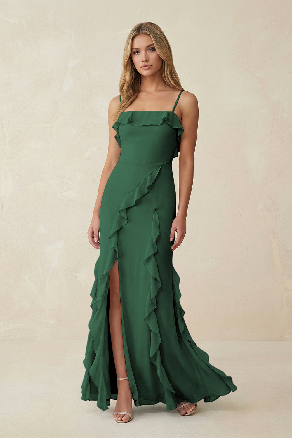 Ruffled Cami Strap Chiffon Sheath Bridesmaid Dress in Dark Green