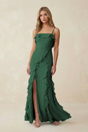 Dark Green Ruffled Cami Strap Chiffon Sheath Bridesmaid Dress | KISSBRIDAL
