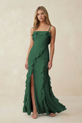 Dark Green Ruffled Cami Strap Chiffon Sheath Bridesmaid Dress | KISSBRIDAL