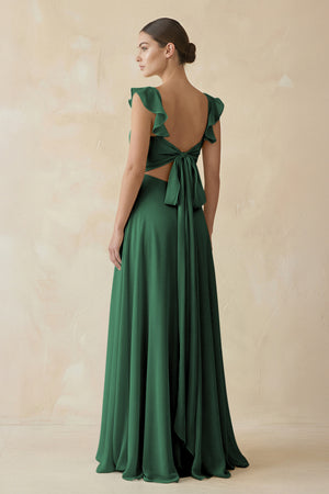 Dark Green Ruffled Chiffon A-Line Long Bridesmaid Dress (2) | KISSBRIDAL
