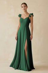 Dark Green Ruffled Chiffon A-Line Long Bridesmaid Dress | KISSBRIDAL