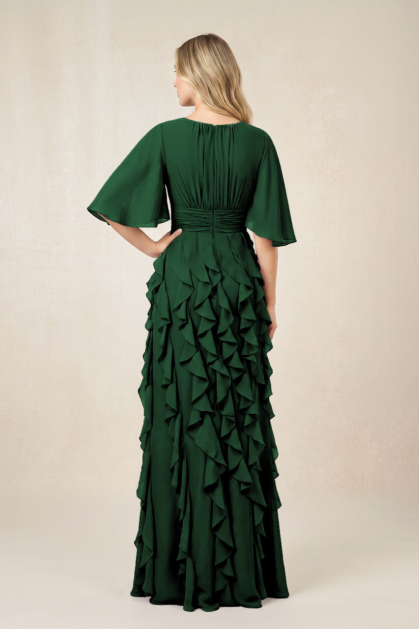 Dark Green Ruffled Chiffon Half Sleeves A-Line Mother of the Bride Dress