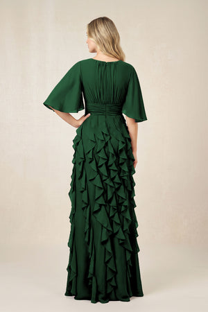 Dark Green Ruffled Chiffon Half Sleeves A-Line Mother of the Bride Dress (2) | KISSBRIDAL