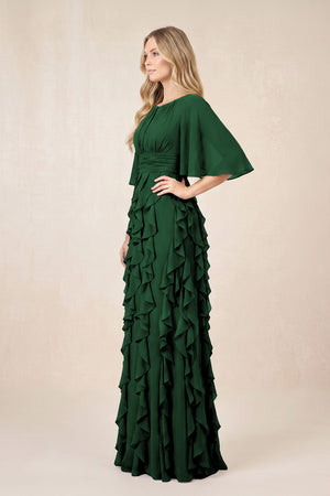 Dark Green Ruffled Chiffon Half Sleeves A-Line Mother of the Bride Dress (3) | KISSBRIDAL