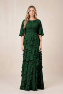Dark Green Ruffled Chiffon Half Sleeves A-Line Mother of the Bride Dress | KISSBRIDAL
