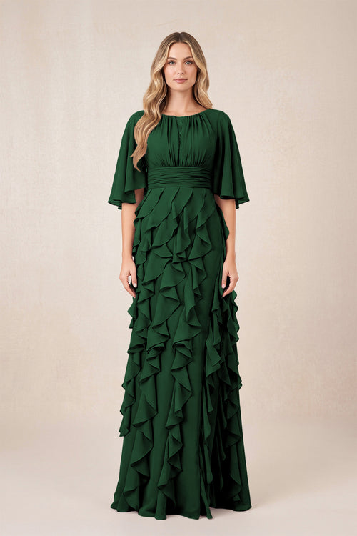 Dark Green Ruffled Chiffon Half Sleeves A-Line Mother of the Bride Dress | KISSBRIDAL