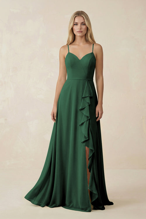 Dark Green Ruffled Hem A-Line Chiffon Bridesmaid Dress | KISSBRIDAL