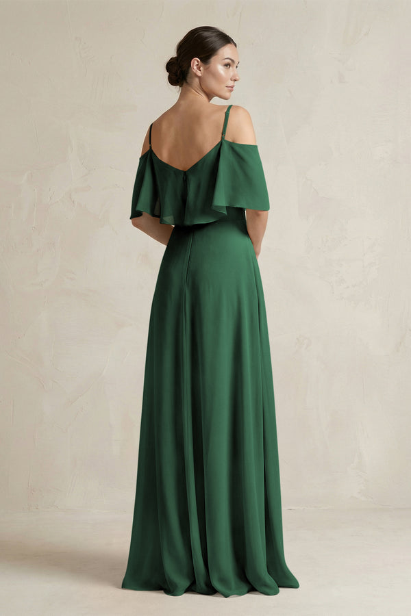 Dark Green Ruffled Off-the-Shoulder A-Line Chiffon Bridesmaid Gown (2) | KISSBRIDAL