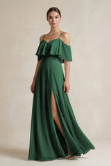 Dark Green Ruffled Off-the-Shoulder A-Line Chiffon Bridesmaid Gown | KISSBRIDAL