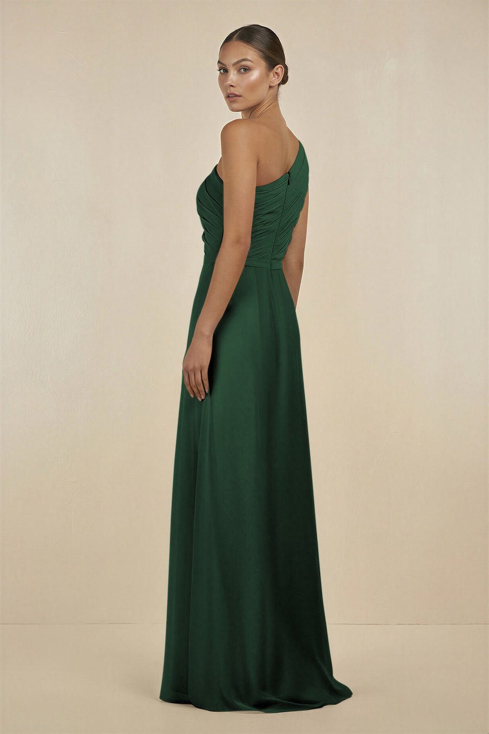 Ruffled One-Shoulder Pleated Sheath Bridesmaid Dress in Dark Green