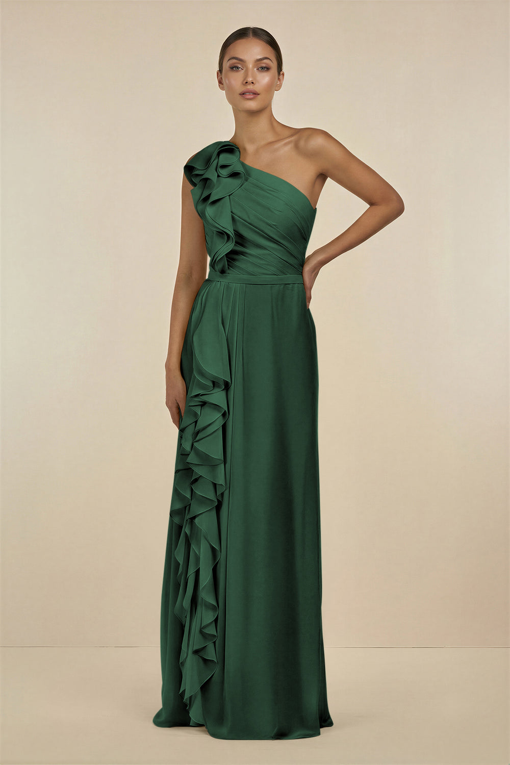 Ruffled One-Shoulder Pleated Sheath Bridesmaid Dress in Dark Green