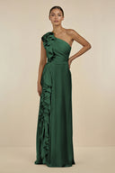 Dark Green Ruffled One-Shoulder Pleated Sheath Bridesmaid Dress | KISSBRIDAL
