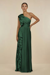 Dark Green Ruffled One-Shoulder Pleated Sheath Bridesmaid Dress | KISSBRIDAL