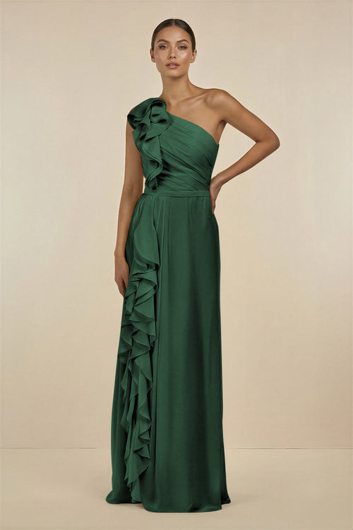 Dark Green Ruffled One-Shoulder Pleated Sheath Bridesmaid Dress | KISSBRIDAL